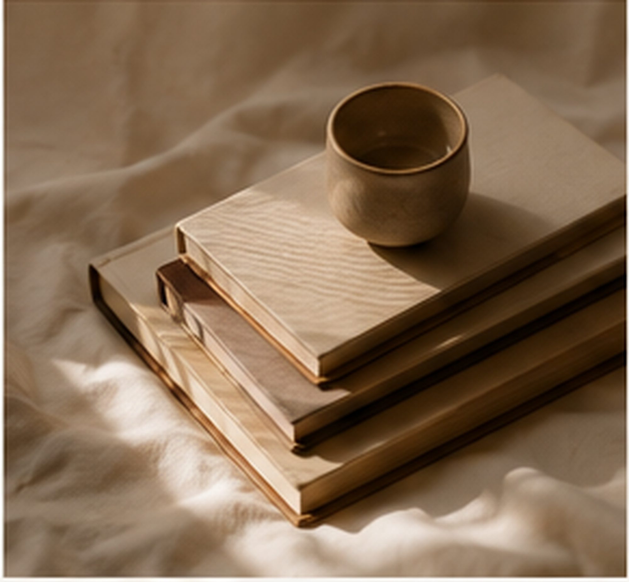 A warm cup resting on folded fabric, in soft daylight